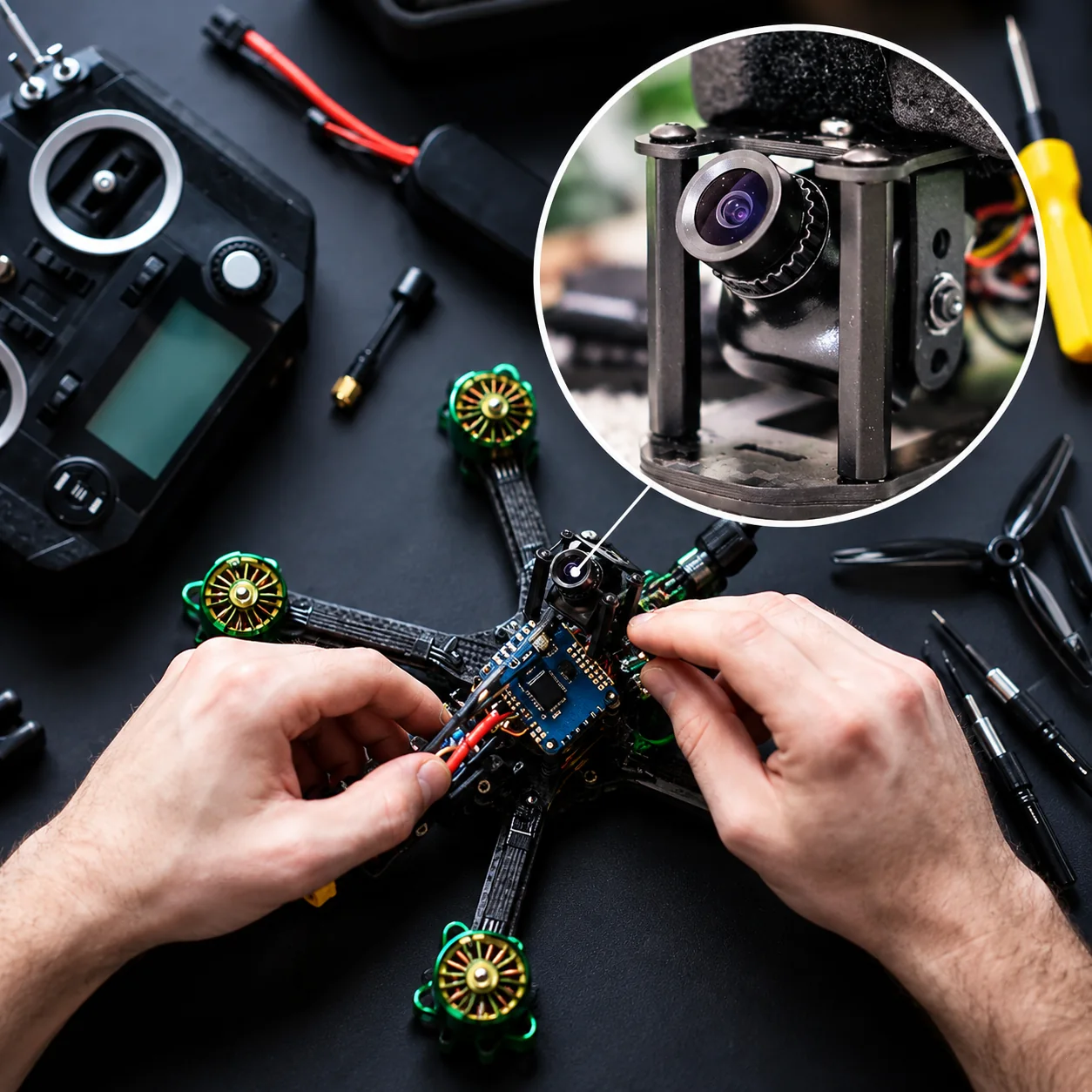 Збирання FPV-дрона крупним планом із камерою на рамі