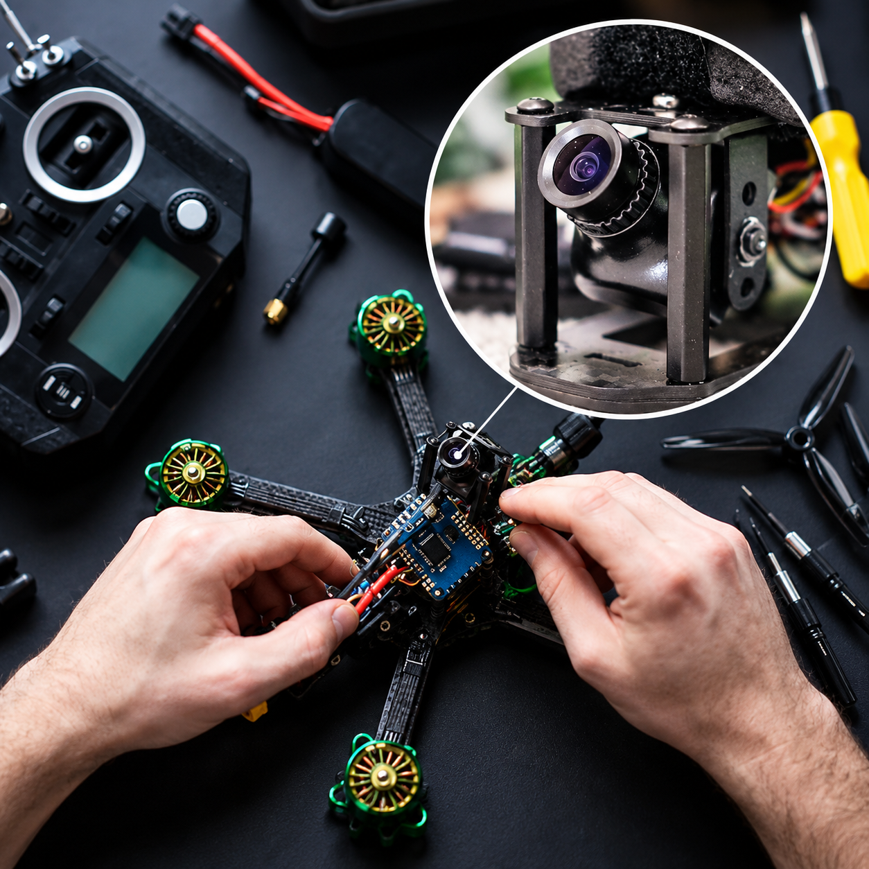 Збирання FPV-дрона крупним планом із камерою на рамі